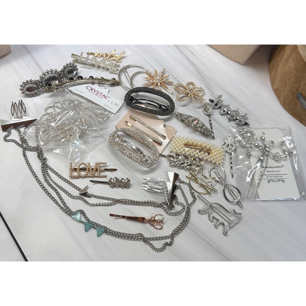 25 Rhinestone Pearl Hair Clip Barrette Comb Lot Crystal Avenue Cat Star Word